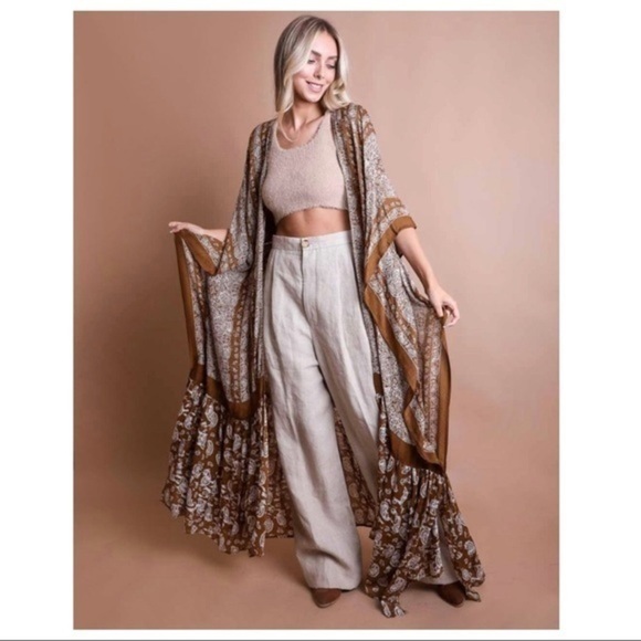 GO YOUR OWN WAY Cocoa Brown Paisley Floral Print Boho Kimono Cardi - Picture 6 of 15